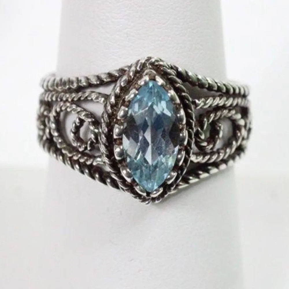 Vintage AVON 925 Silver Marquise Blue Topaz Rope Filigree Ring